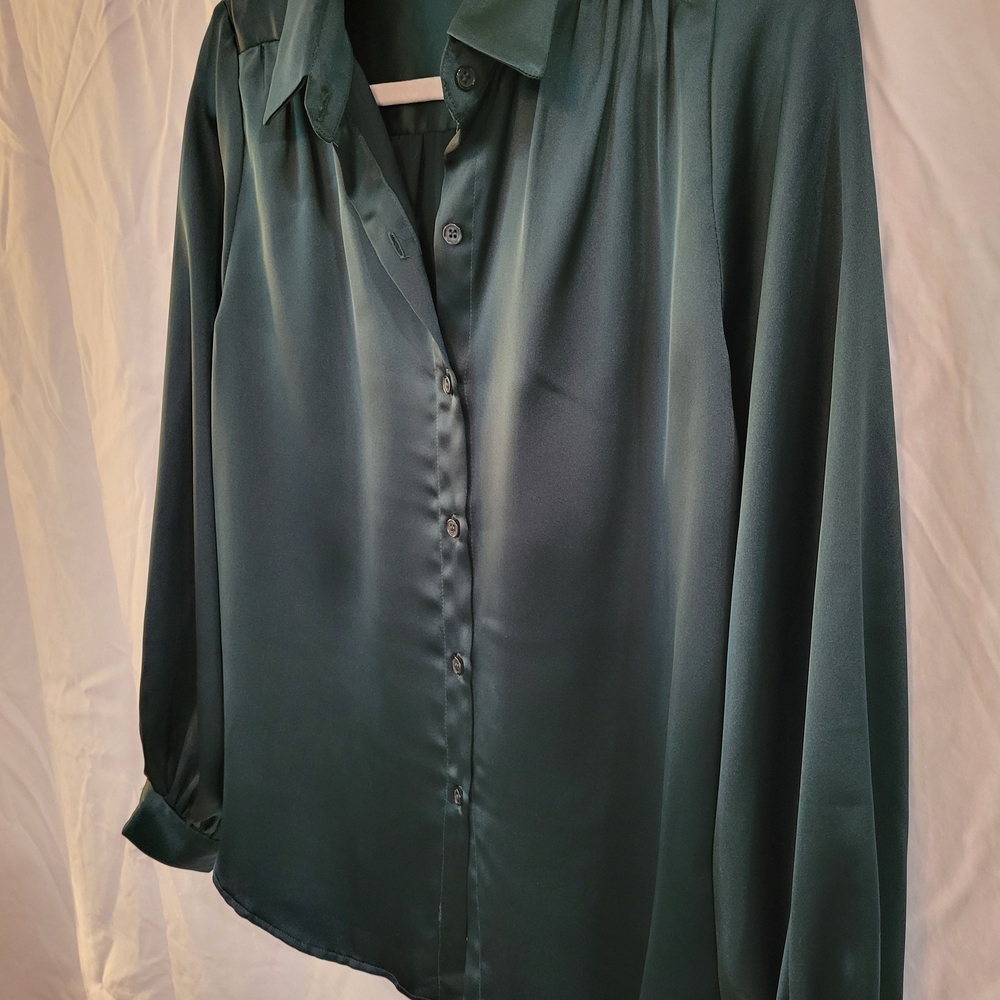 Max Studio Dark Green Satin Button Down Shirt